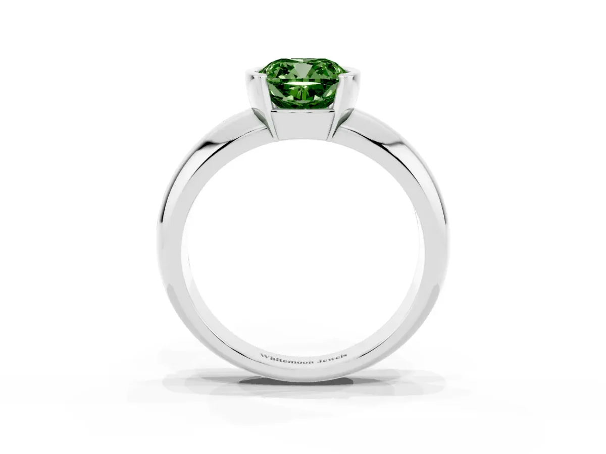 Fancy Green Cushion Cut Solitaire Tension Set Diamond Ring with Wide Band White gold