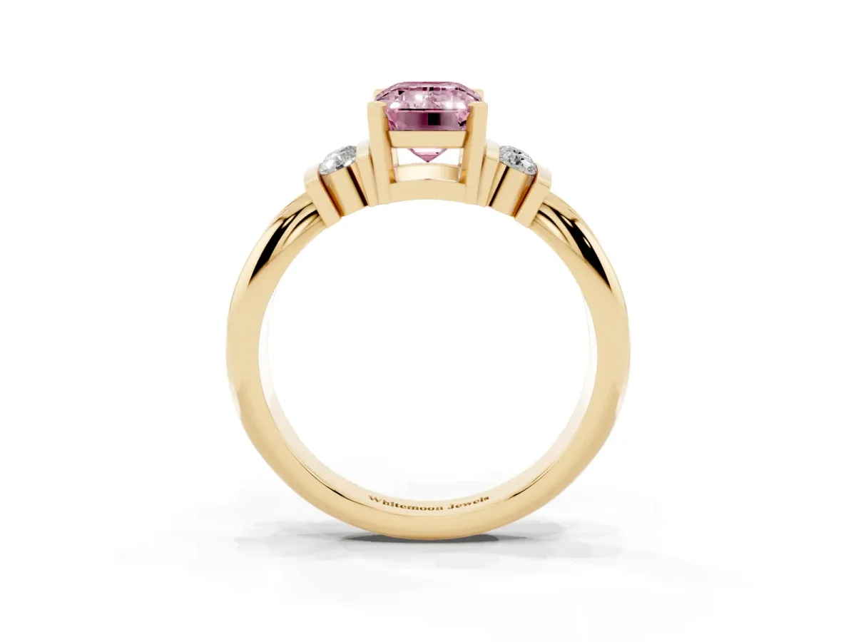 Fancy Pink Emerald Cut Cut Three-Stone Channel Set Ring with Bar Prongs Yellow gold