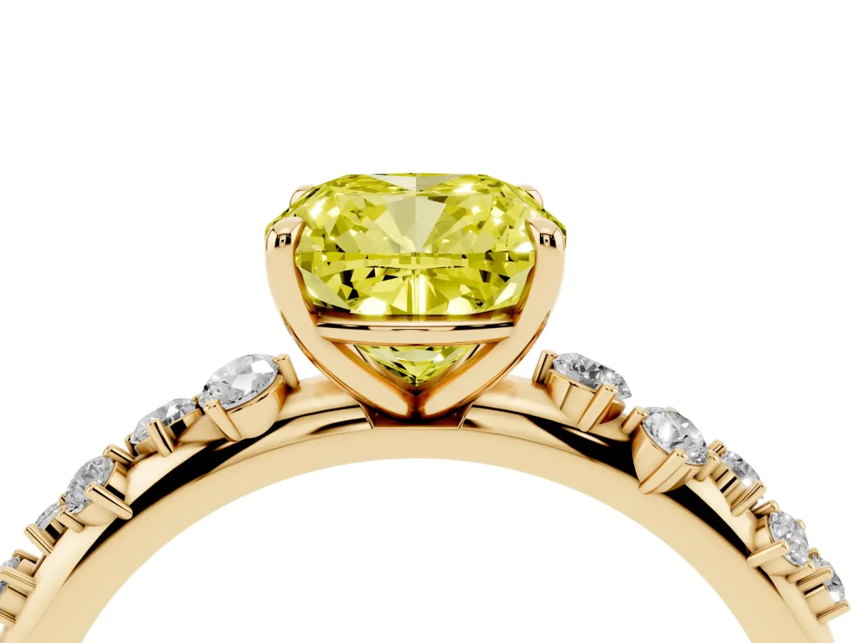 Fancy Yellow Cushion Cut Diamond Cluster Prong-Set Solitaire Ring Yellow gold