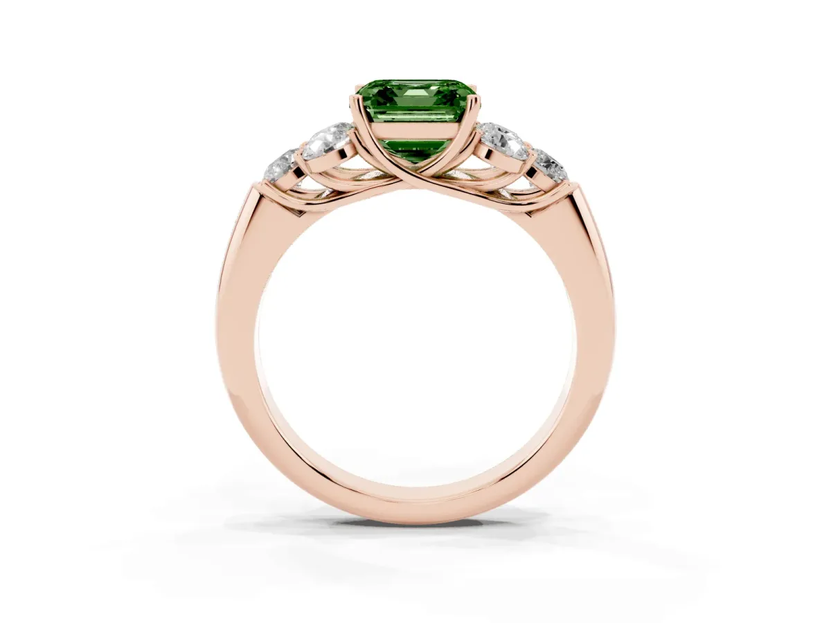 Fancy Green Asscher Cut Cut Diamond Cluster Ring with Round Accent Stones and Prong Setting on a Classic Band Rose gold