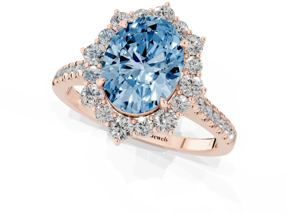 Fancy Blue Oval Cut Halo Diamond Ring with Pavé Band and Prong Setting Rose gold