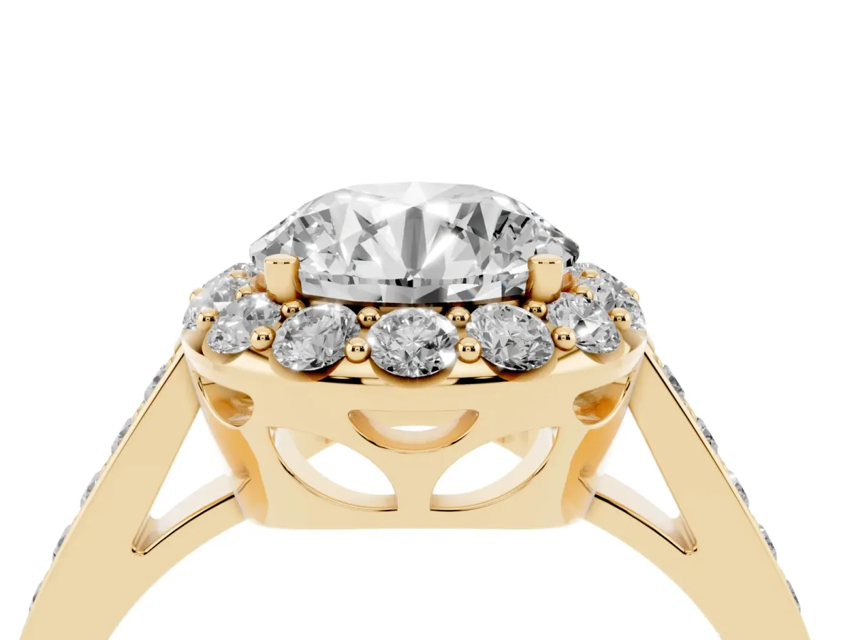 Round Cut Diamond Floral Halo Ring with Pavé Band and Prong Setting Yellow gold