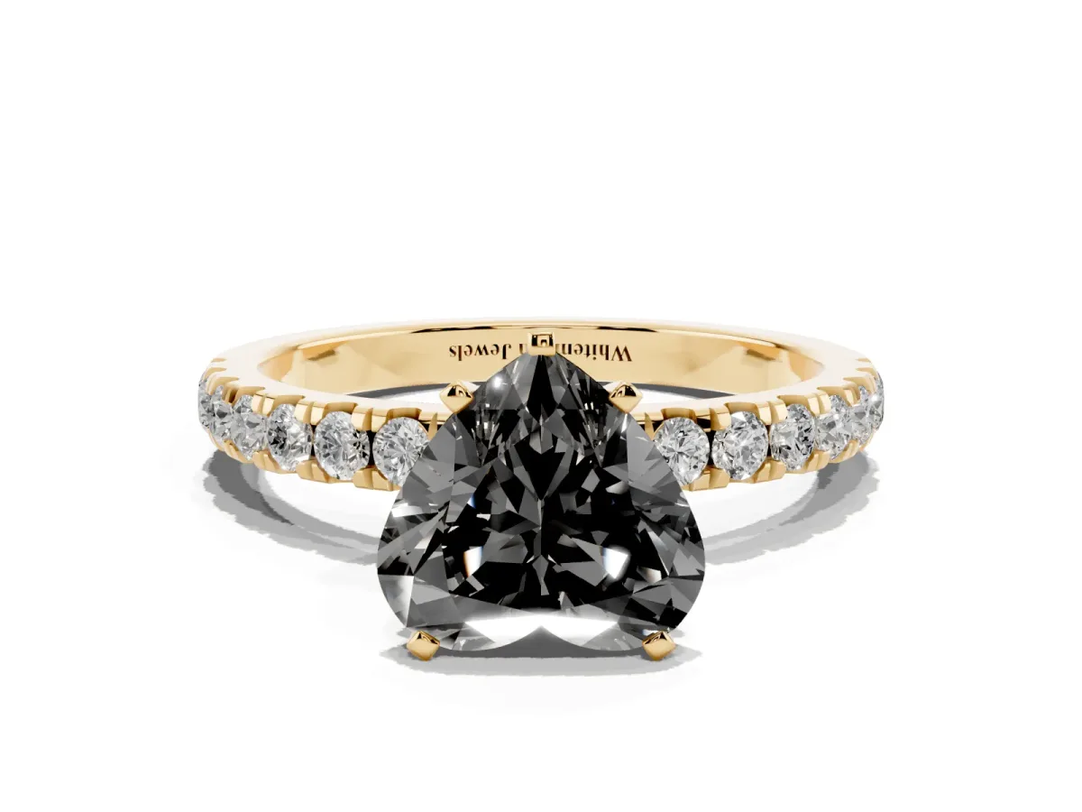 Fancy Black Heart Cut Diamond Solitaire Ring with Pavé Accents and Four-Prong Setting Yellow gold