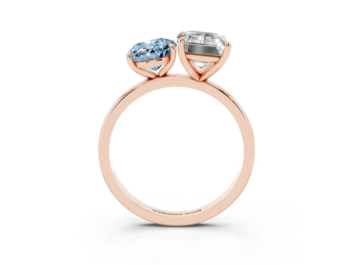 Fancy Blue Oval Cut and Emerald Cut Toi Moi Ring with Prong Setting Rose gold