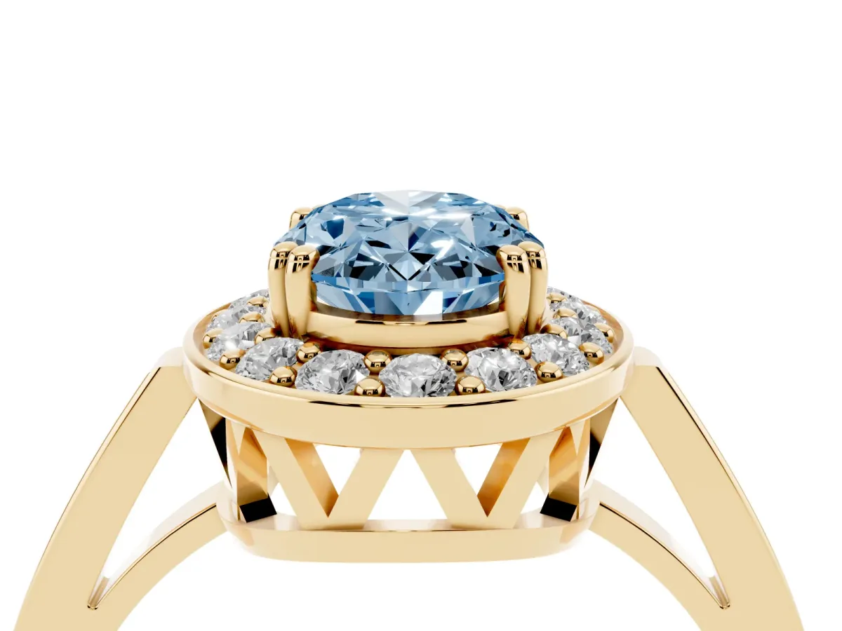 Fancy Blue Oval Cut Diamond Halo Ring with Split Shank and Four-Prong Setting Yellow gold