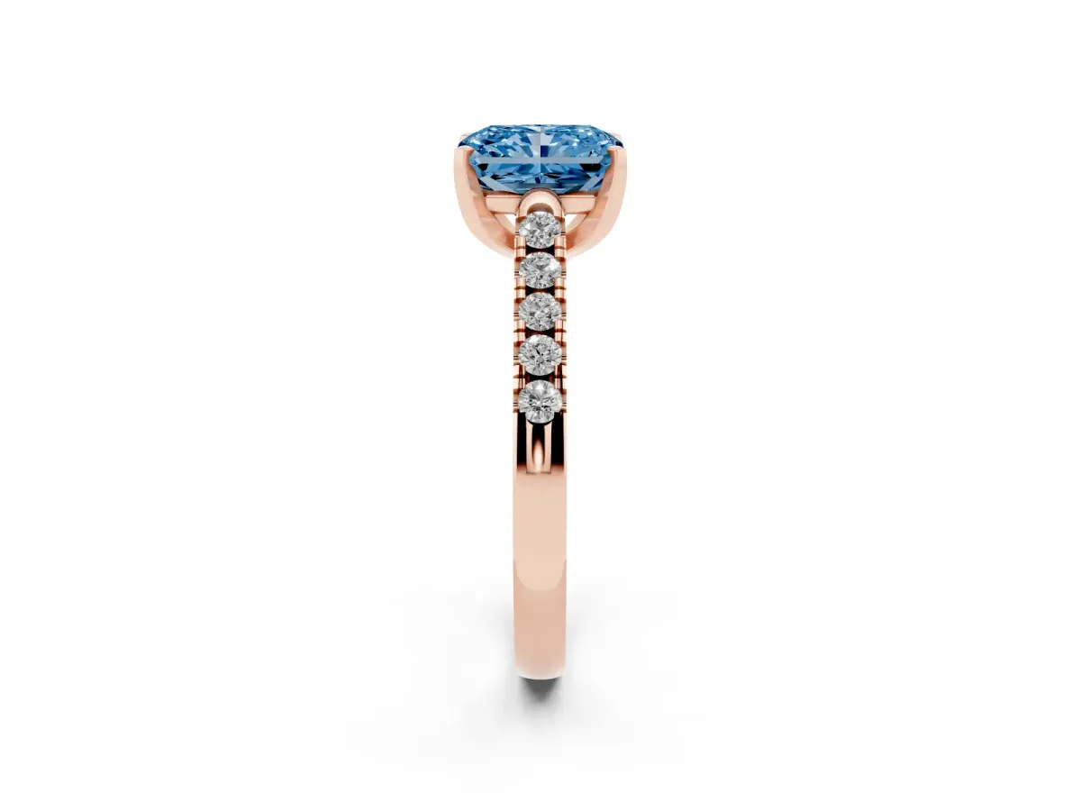 Fancy Blue Radiant Cut Diamond Pavé Band Solitaire Ring with Prong Setting Rose gold