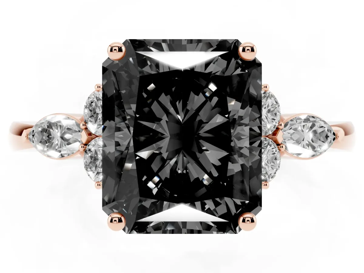 Fancy Black Radiant Cut Brilliant Diamond Solitaire Ring with Pear Side Stones and Four-Prong Setting Rose gold