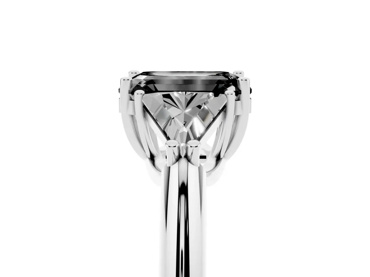 Fancy Black Three-Stone Emerald Cut Diamond Engagement Ring with Trillion Side Stones and Prong Setting Silver