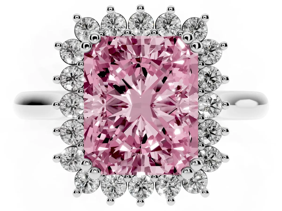 Fancy Pink Radiant Cut Cut Diamond Halo Ring with Solitaire Band and Prong Setting Platinum