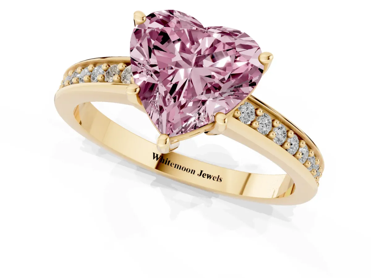 Fancy Pink Heart Cut Solitaire Pavé Band Prong Setting Ring Yellow gold