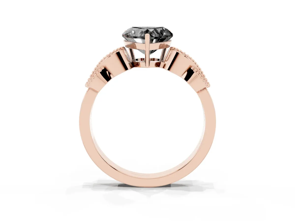 Fancy Black Heart Cut Solitaire Milgrain Leaf Band with Prong Setting Rose gold