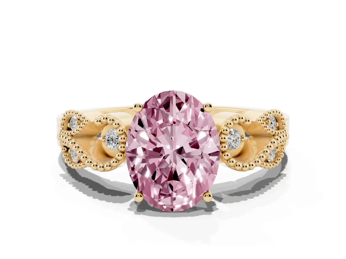 Fancy Pink Oval Cut Solitaire Milgrain Leaf Band with Prong Setting Yellow gold