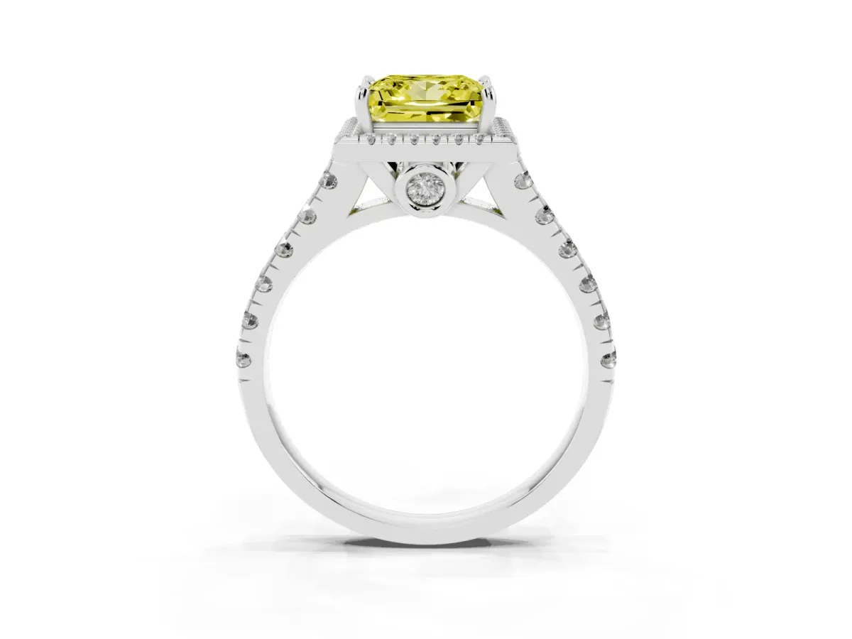 Fancy Yellow Princess Cut Halo Pavé Diamond Engagement Ring with Four-Prong Setting Platinum