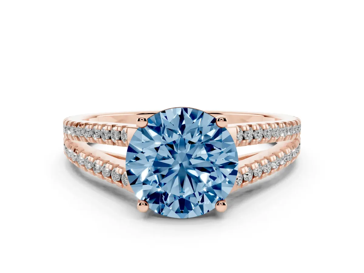 Fancy Blue Round Cut Diamond Solitaire Engagement Ring with Split Shank Pavé Band Rose gold