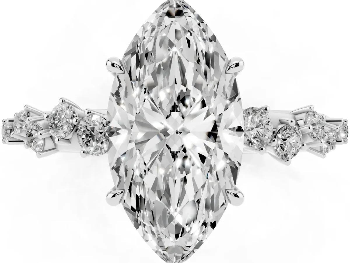 Marquise Cut Diamond Cluster Side Stone Solitaire Ring with Prong Setting Silver