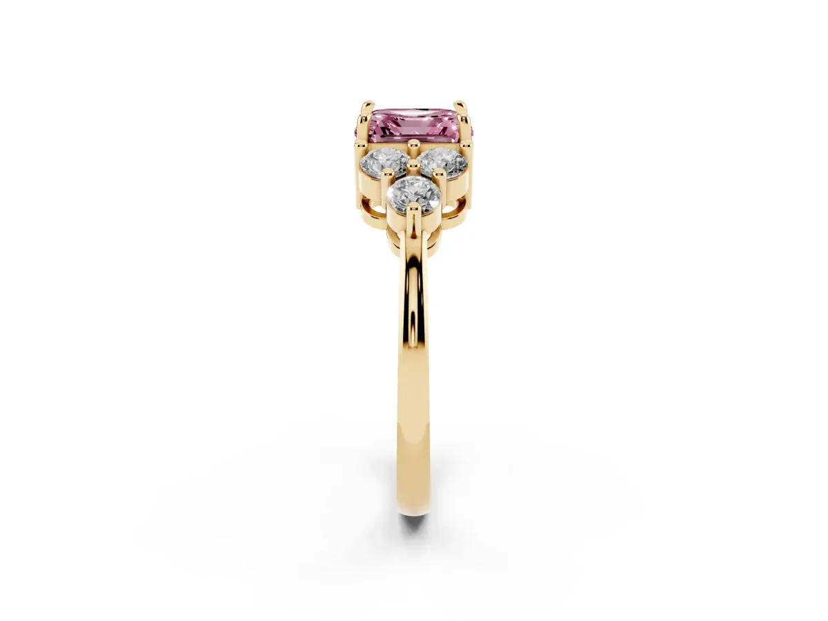Fancy Pink Asscher Cut Brilliant Diamond Cluster Accent Solitaire Ring with Prong Setting Yellow gold