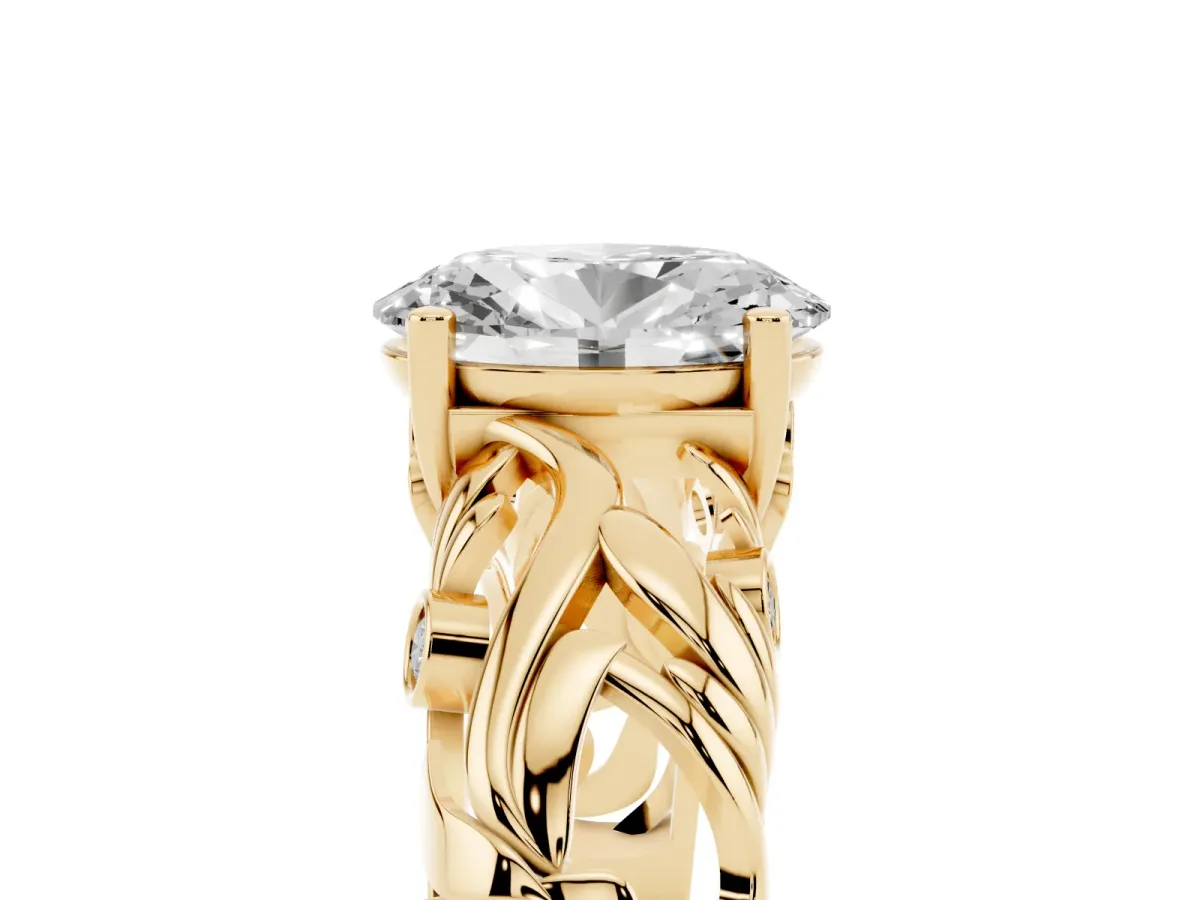 Oval Cut Solitaire Diamond Leaf-Inspired Vine Band Ring with Prong Setting Yellow gold