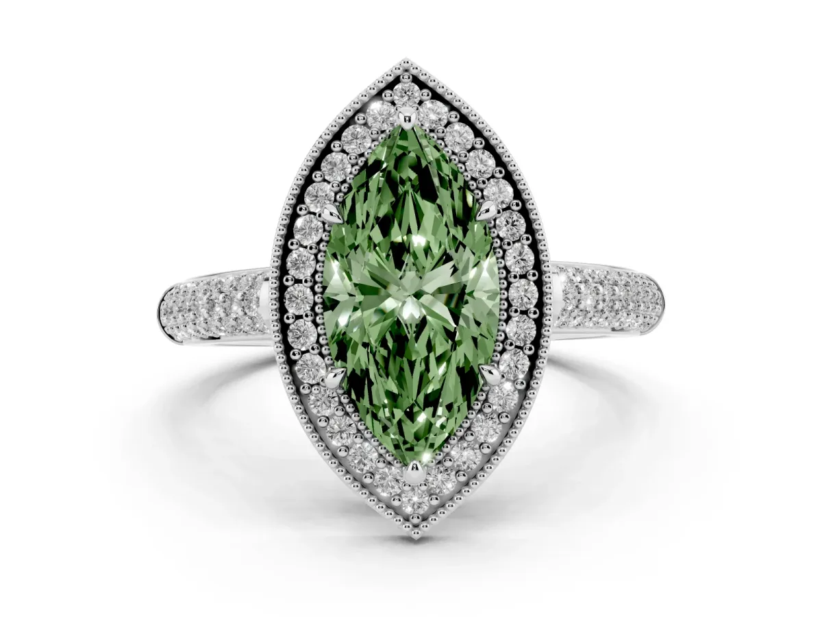 Fancy Green Marquise Cut Cut Halo Diamond Pave Band with Four-Prong Setting Silver