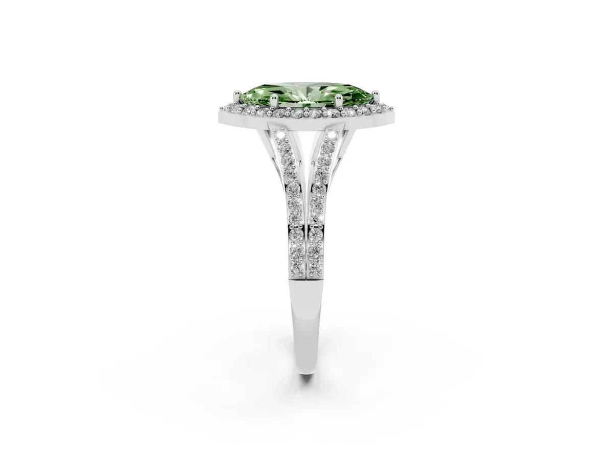 Fancy Green Marquise Cut Halo Split Shank Diamond Ring with Prong Setting Silver