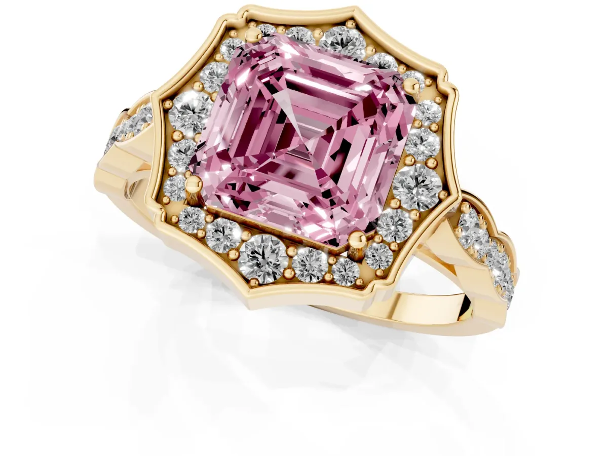 Fancy Pink Asscher Cut Halo Diamond Engagement Ring with Milgrain Band and Four-Prong Setting Yellow gold