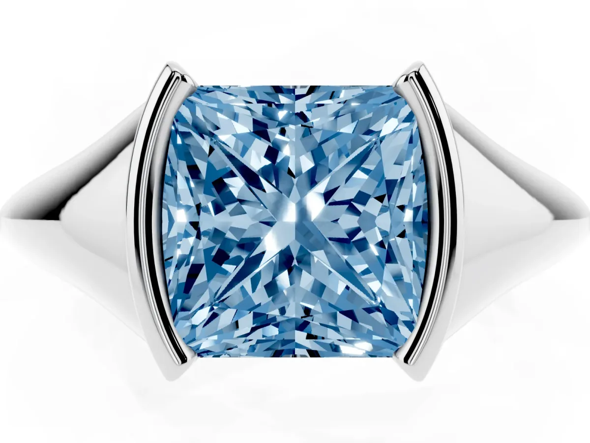 Fancy Blue Princess Cut Solitaire Tension Set Diamond Ring Silver