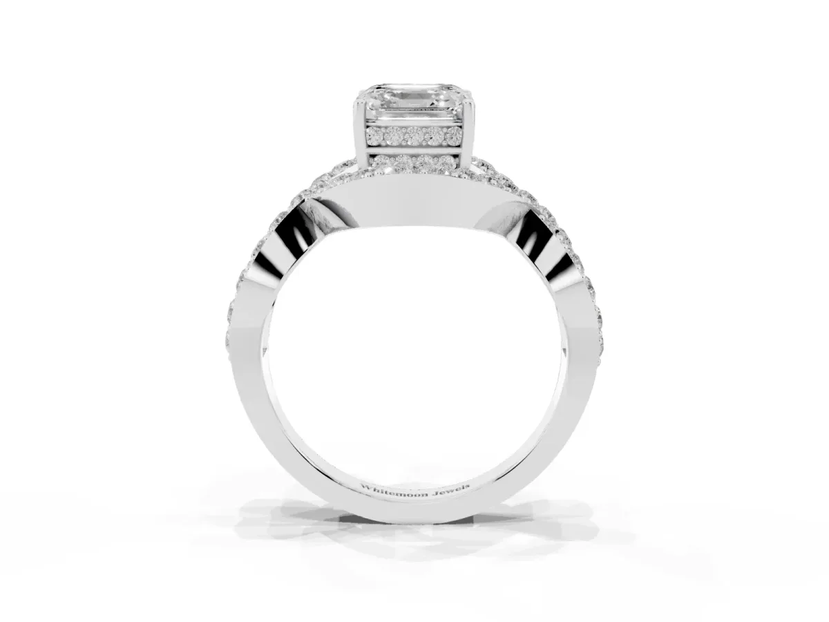Asscher Cut Solitaire Twist Band Pavé Diamond Engagement Ring Silver