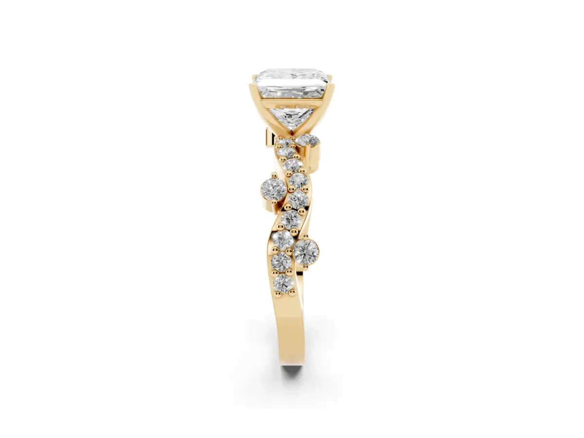 Princess Cut Cut Solitaire Diamond Twisted Band with Pave Setting Yellow gold