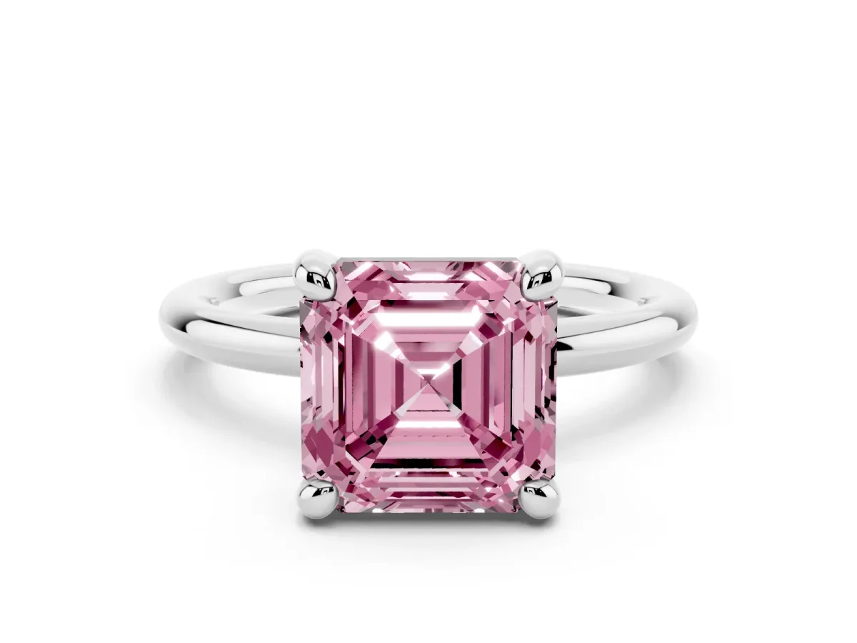 Fancy Pink Asscher Cut Solitaire Diamond Ring with Four-Prong Setting on a Plain Band Silver