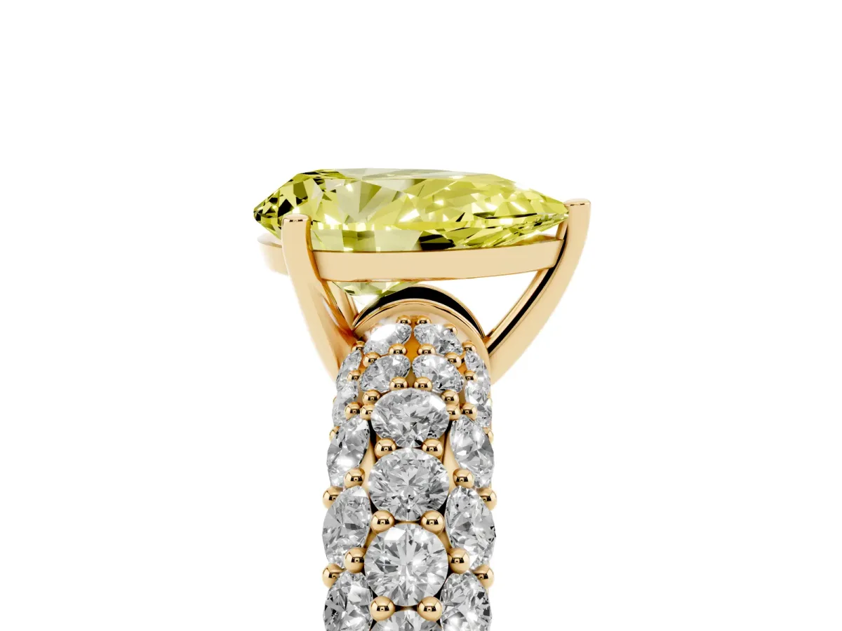 Fancy Yellow Pear Cut Diamond Pavé Band Solitaire Ring with Four-Prong Setting Yellow gold