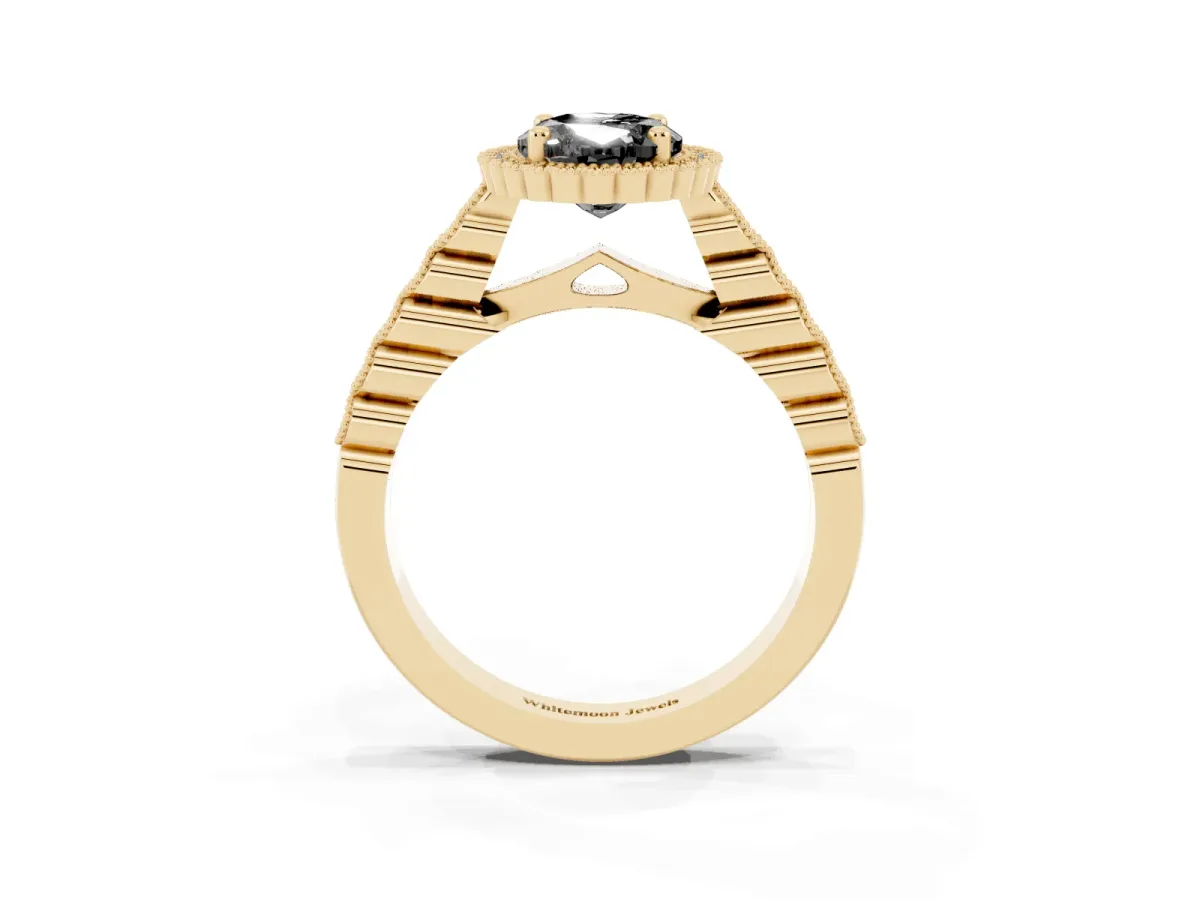 Fancy Black Oval Cut Cut Halo Pavé Solitaire Ring with Milgrain Band Yellow gold