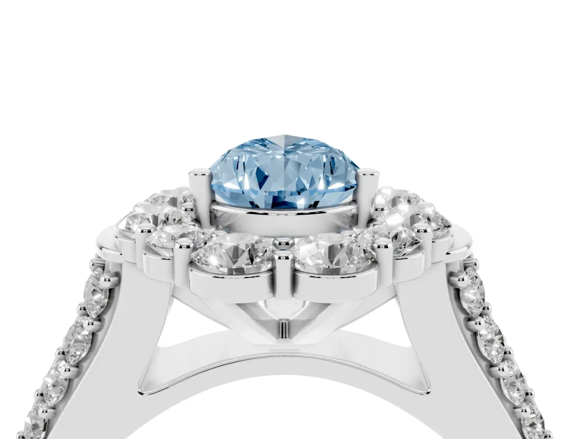 Fancy Blue Pear Cut Halo Diamond Engagement Ring with Split Shank and Prong Setting Silver