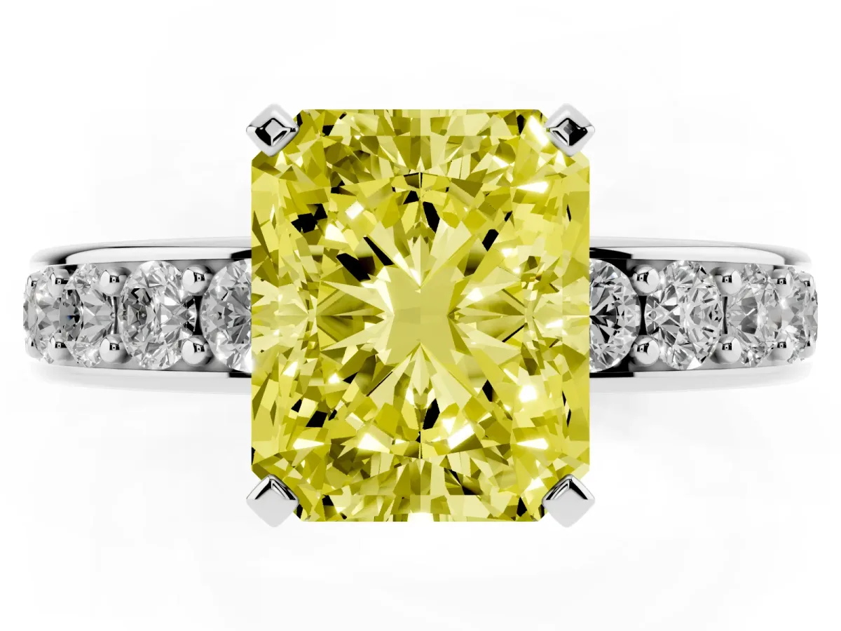 Fancy Yellow Radiant Cut Diamond Engagement Ring with Channel Set Round Band and Prong Setting White gold