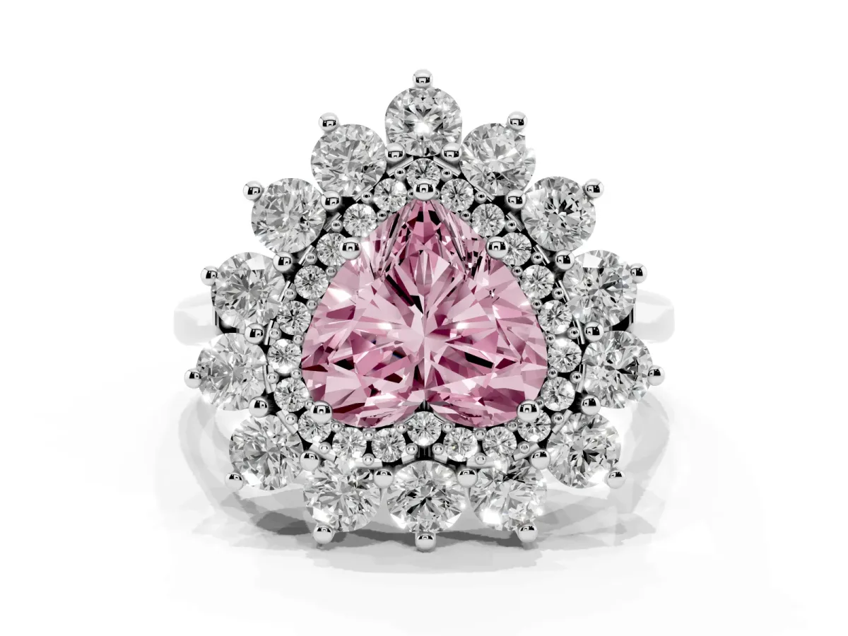 Fancy Pink Heart Cut Diamond Floral Double Halo Engagement Ring with Prong Setting Silver