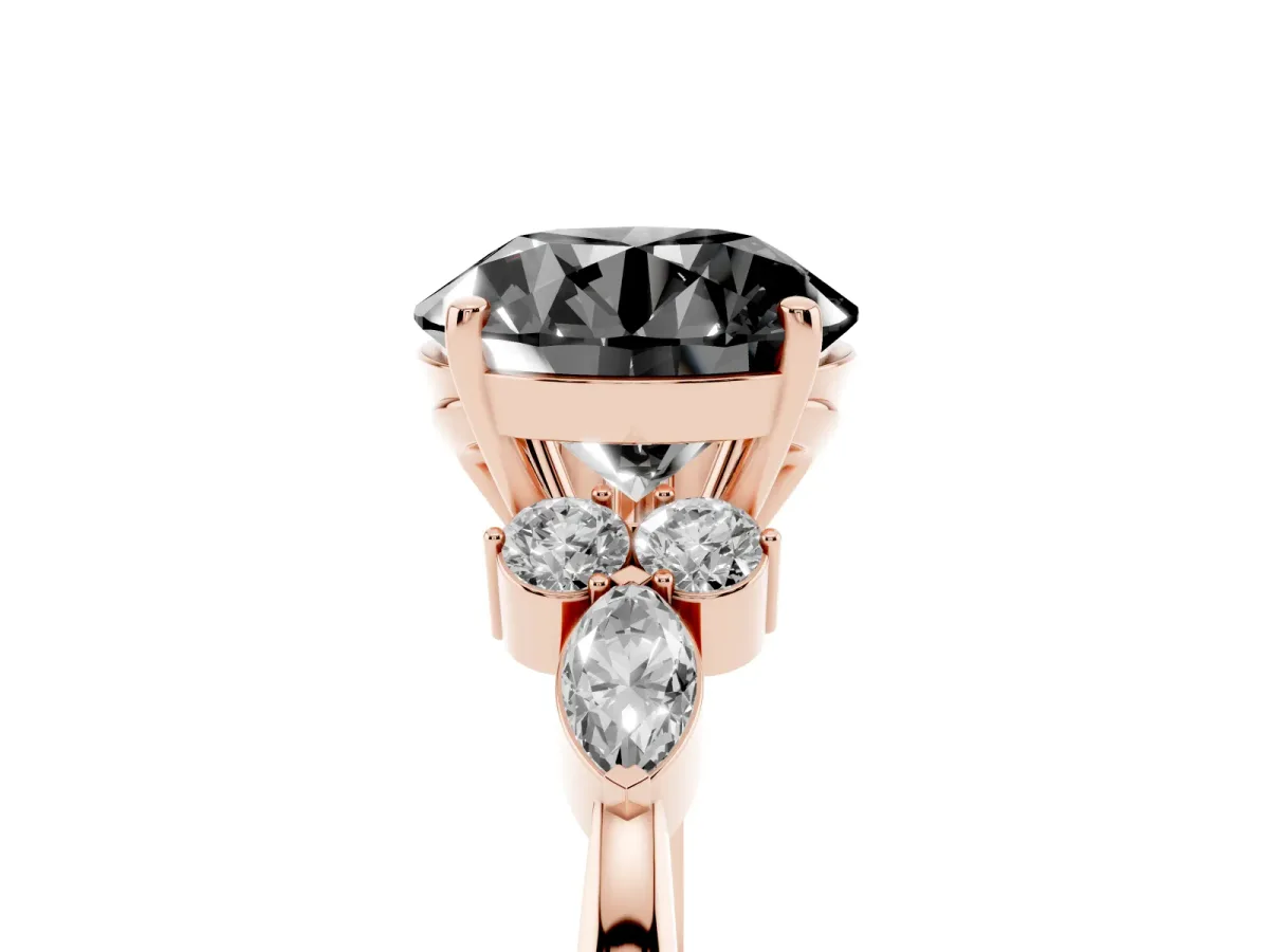 Fancy Black Round Cut Brilliant Diamond Solitaire Ring with Pear Side Stones and Four-Prong Setting Rose gold