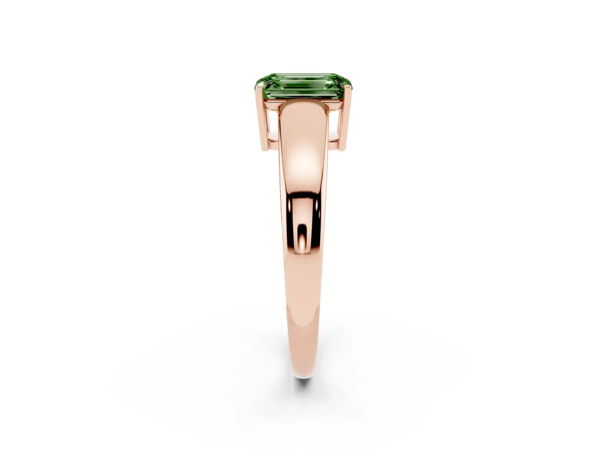 Fancy Green Emerald Cut Solitaire Diamond Ring with Tapered Band and Four-Prong Setting Rose gold