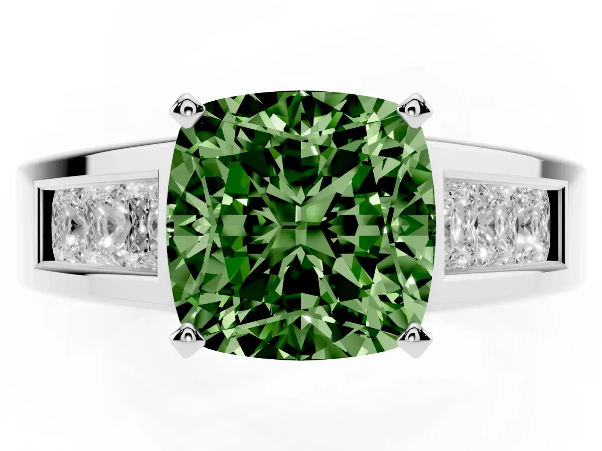 Fancy Green Cushion Cut Cut Channel Set Solitaire Ring with Four-Prong Setting Platinum