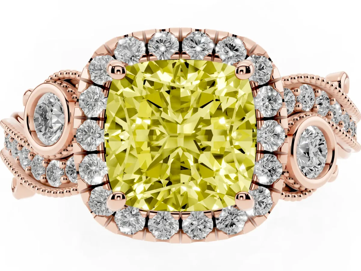 Fancy Yellow Cushion Cut Diamond Halo Ring with Milgrain Pavé Band and Four-Prong Setting Rose gold