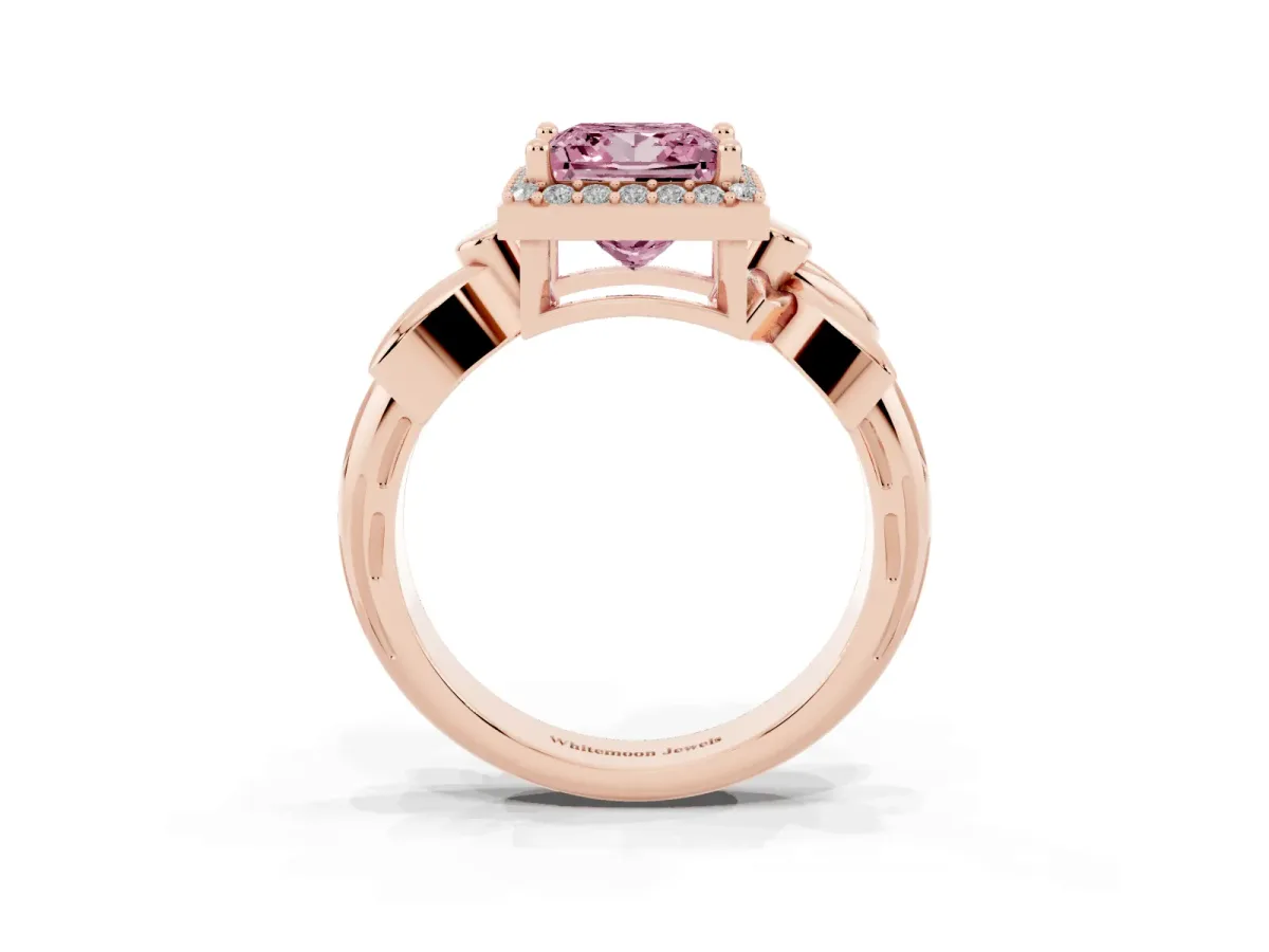Fancy Pink Princess Cut Halo Diamond Floral Band with Four-Prong Setting Rose gold