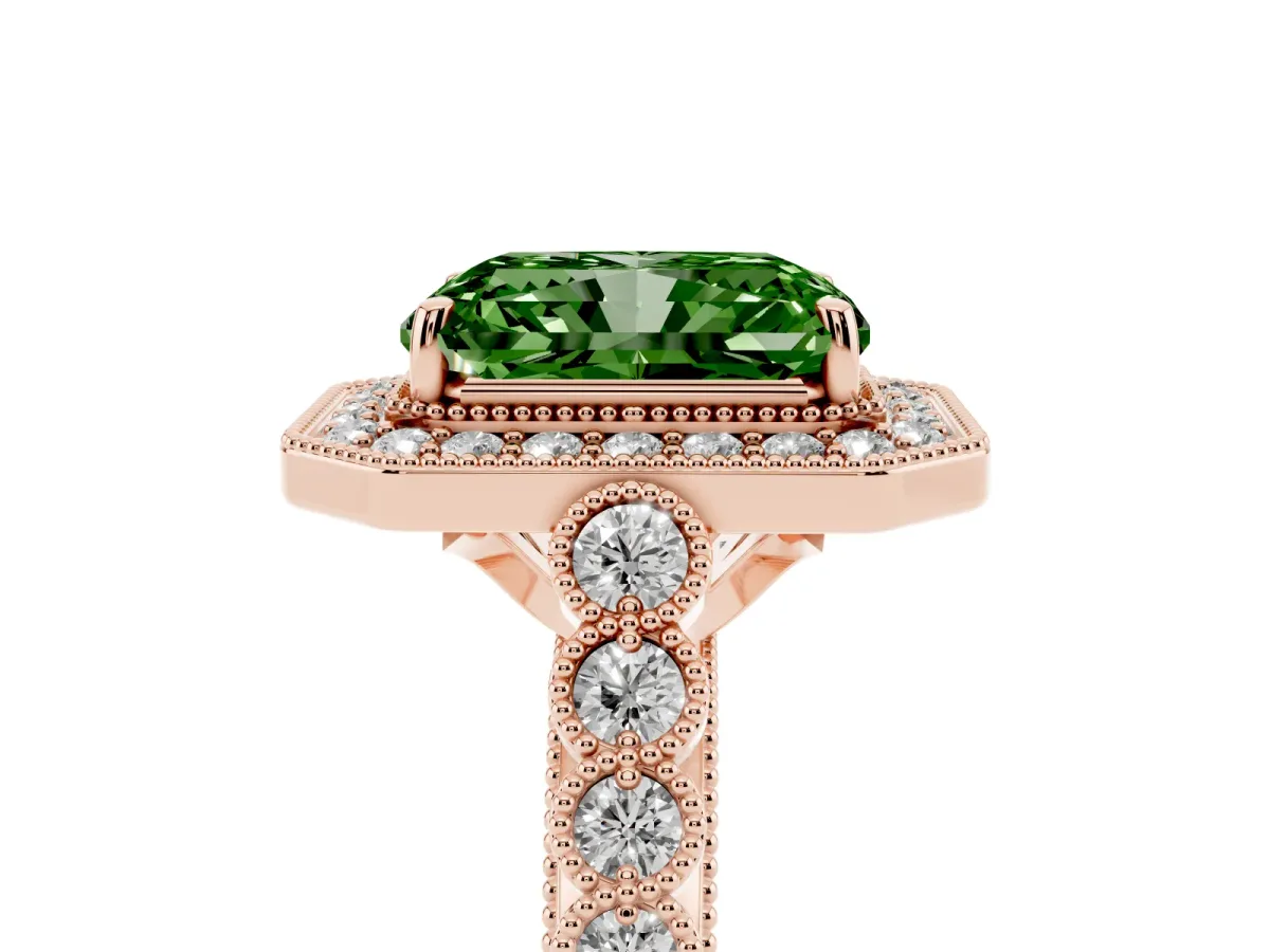 Fancy Green Radiant Cut Halo Milgrain Solitaire with Bezel Set Side Stones and Pave Band Rose gold