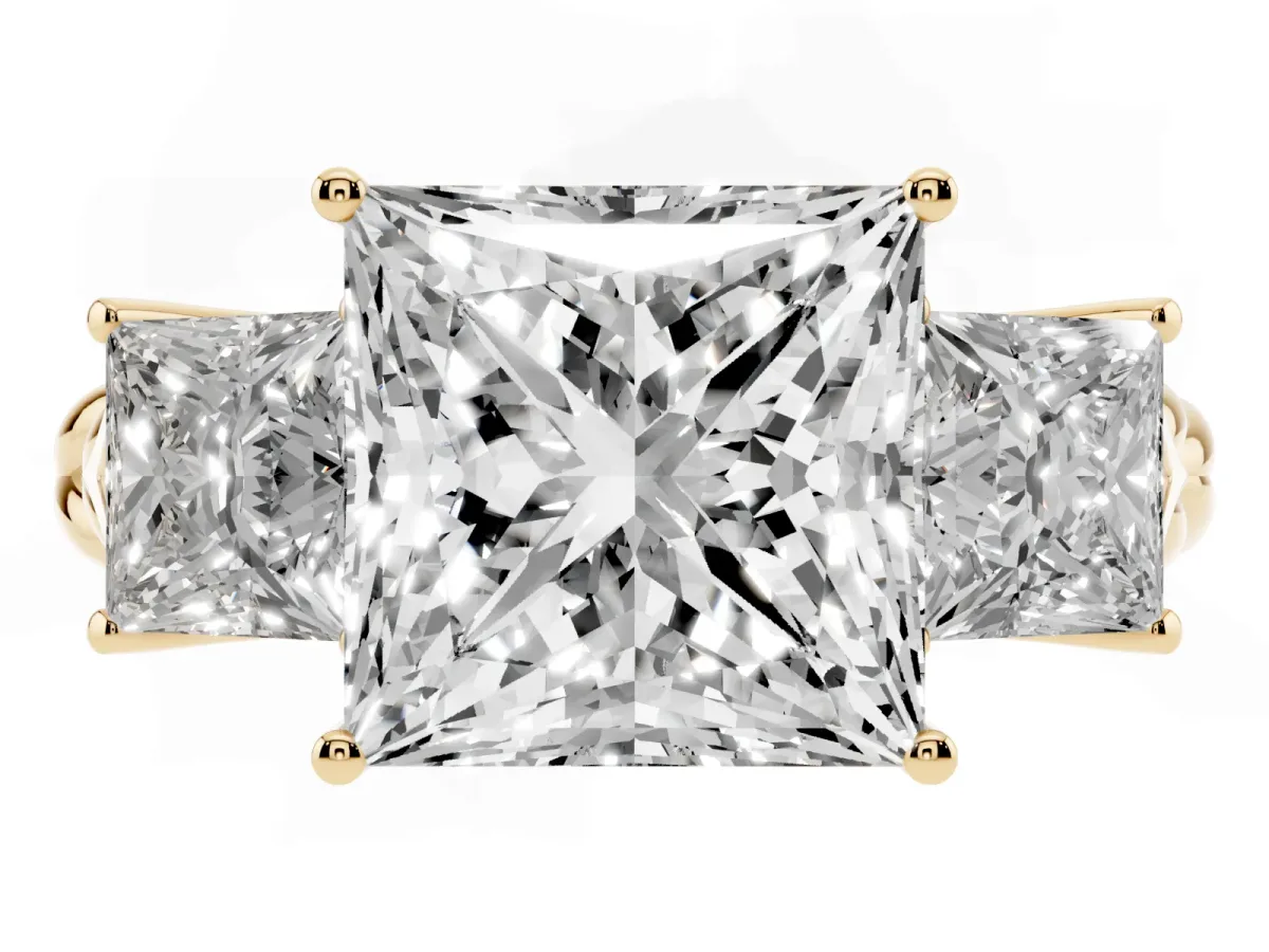 Three-Stone Princess Cut Diamond Braided Band Ring with Four-Prong Setting Yellow gold