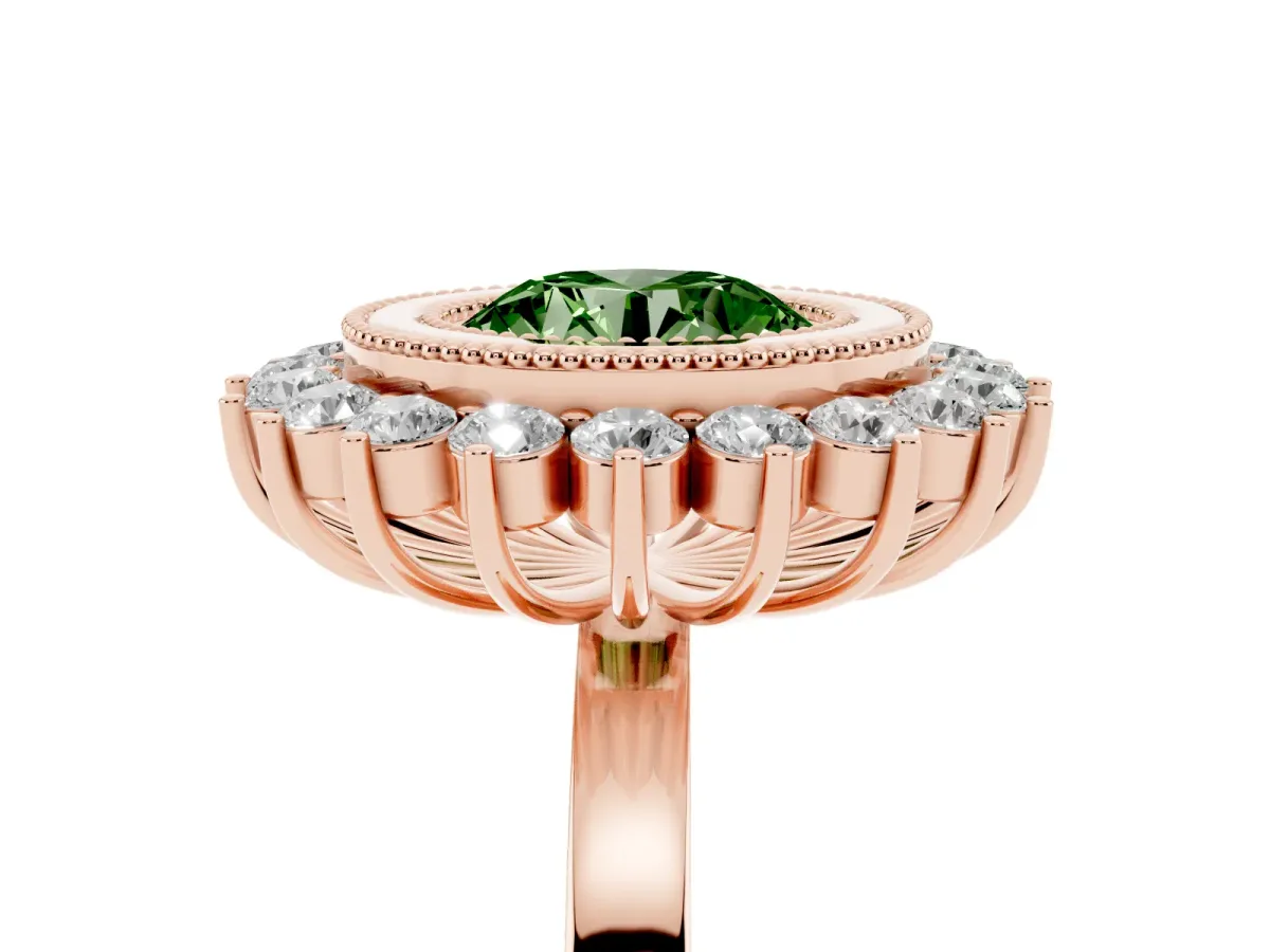 Fancy Green Round Cut Halo Diamond Ring with Milgrain Edge and Round Prong Setting Rose gold