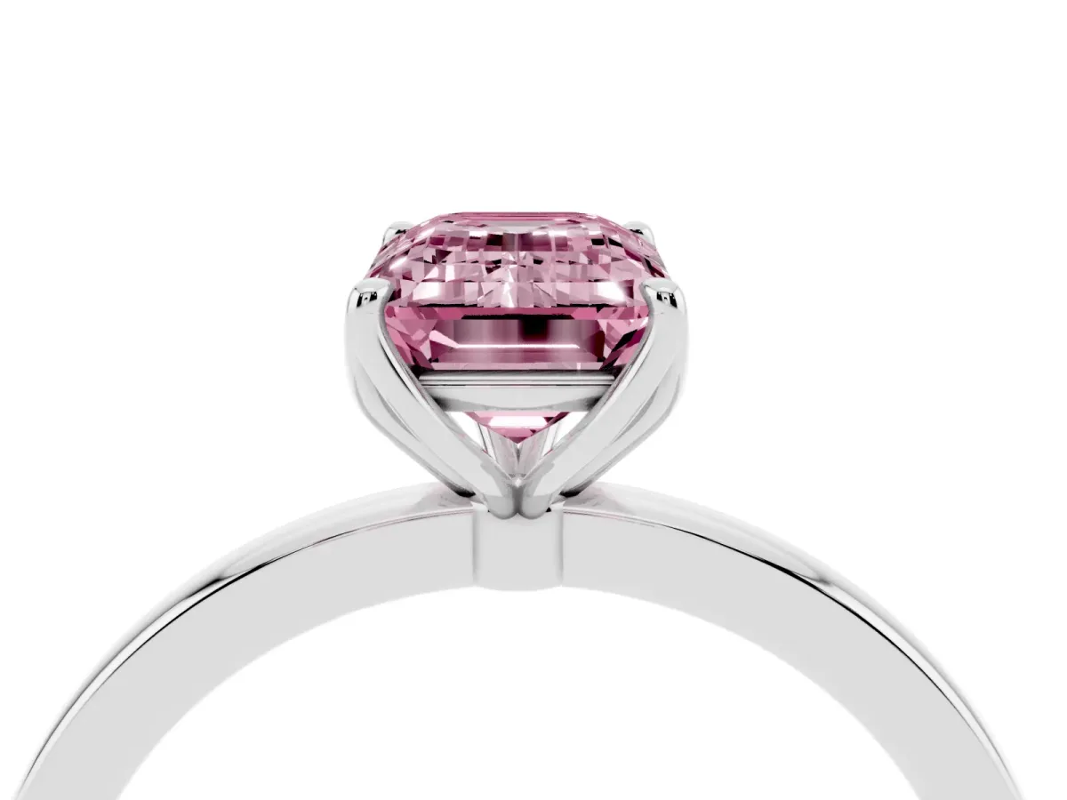 Fancy Pink Emerald Cut Diamond Solitaire Ring with Thin Band and Prong Setting Platinum