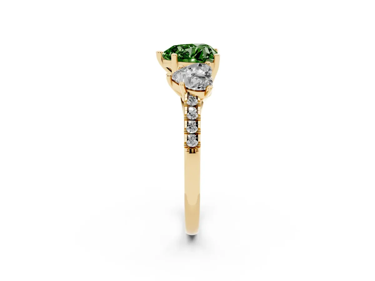 Fancy Green Three-Stone Heart Cut Diamond Ring with Round Pavé Band and Prong Setting Yellow gold