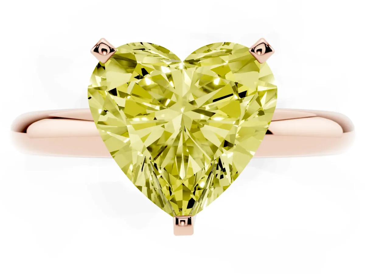Fancy Yellow Heart Cut Diamond Solitaire Engagement Ring with Round Band and Four-Prong Setting Rose gold