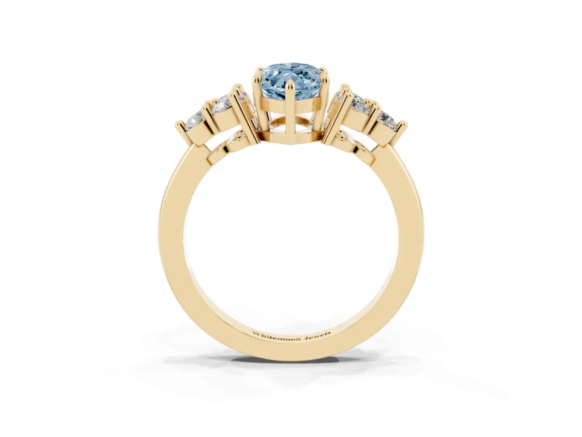 Fancy Blue Marquise Cut Brilliant Diamond Cluster Accent Solitaire Ring with Prong Setting Yellow gold