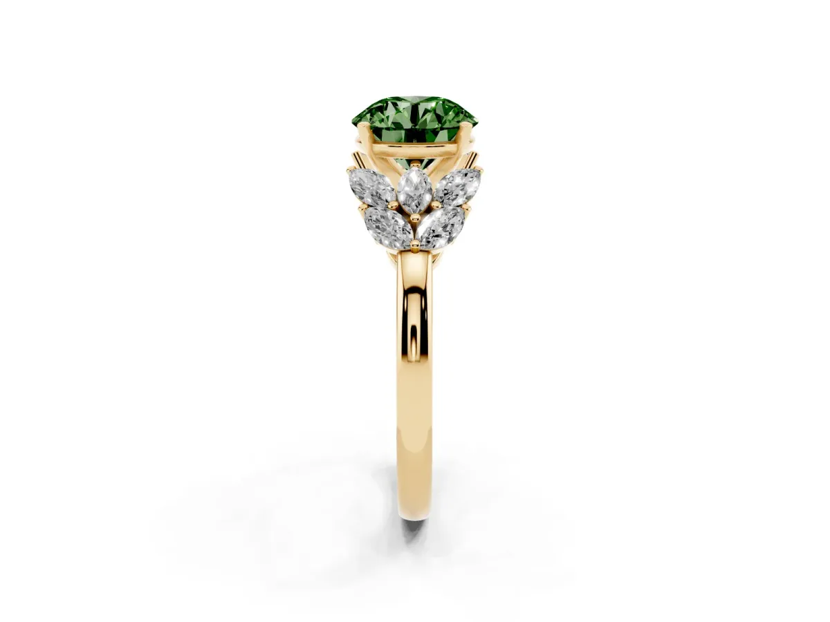Fancy Green Round Cut Diamond Cluster Leaf Design Ring with Prong Setting Yellow gold