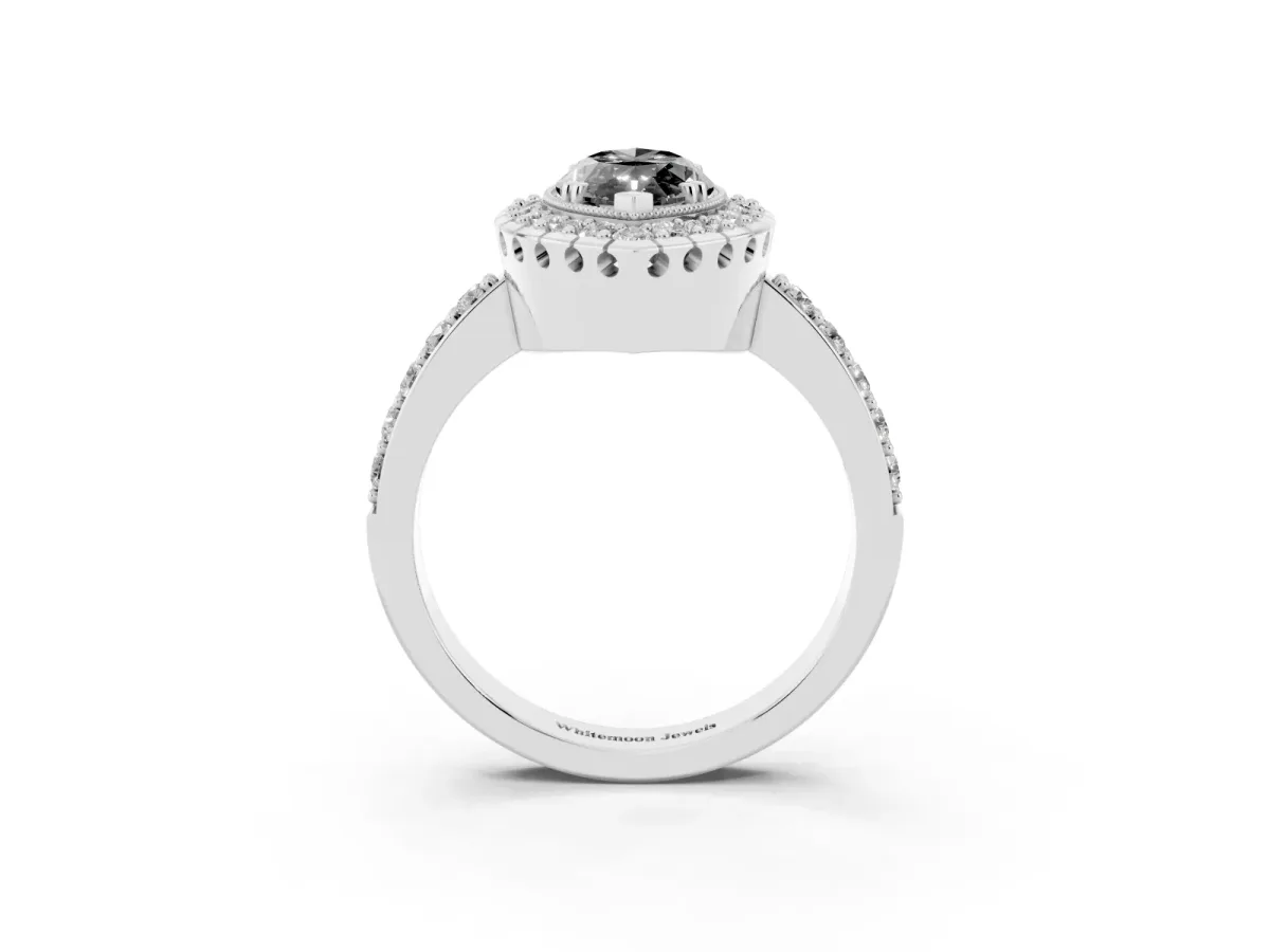 Fancy Black Marquise Cut Diamond Halo Ring with Pavé Band and Prong Setting Platinum