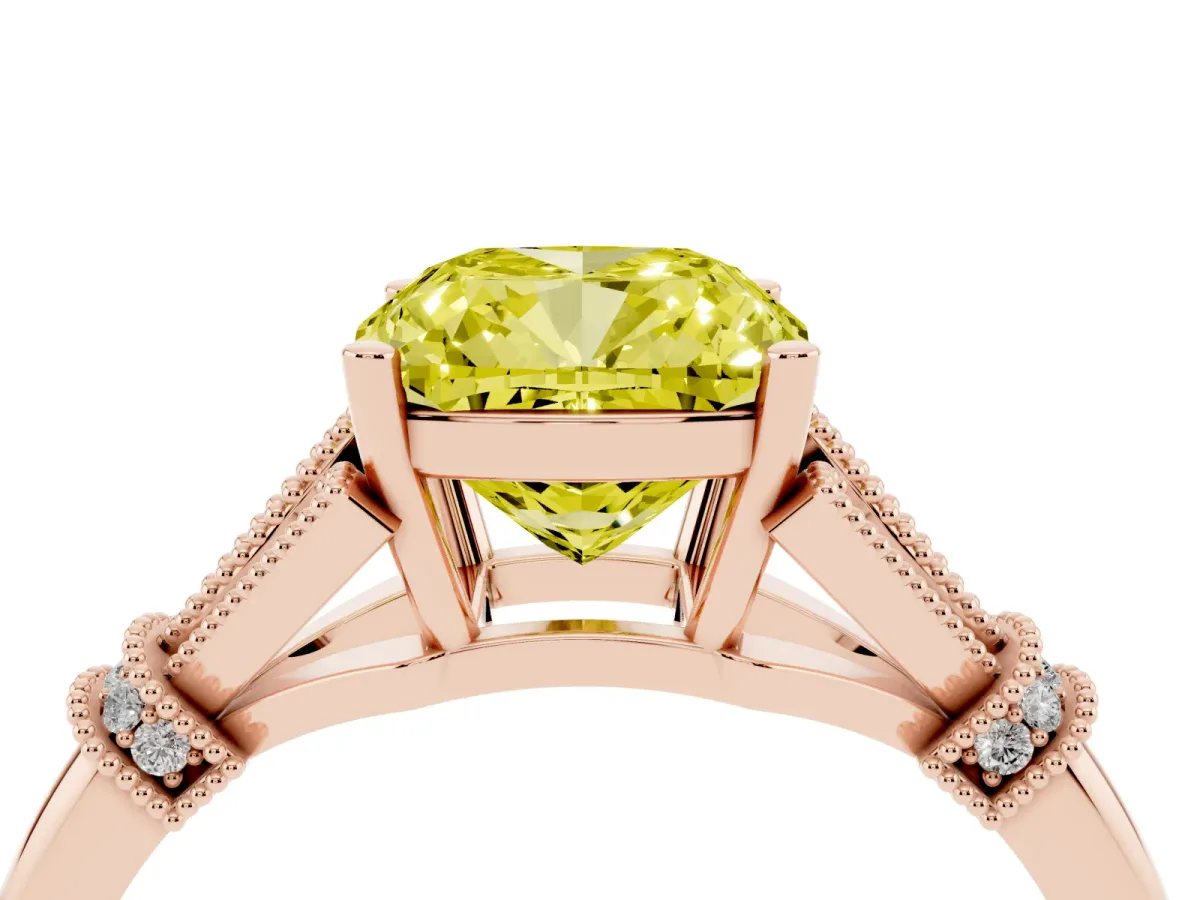 Fancy Yellow Cushion Cut Diamond Solitaire Ring with Floral Filigree and Pave Accents Rose gold