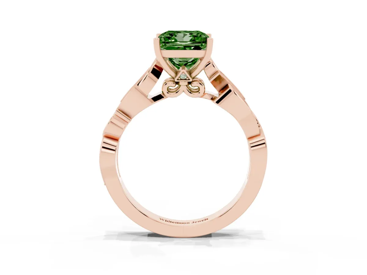 Fancy Green Princess Cut Solitaire Vine Band with Milgrain Prong Setting Rose gold