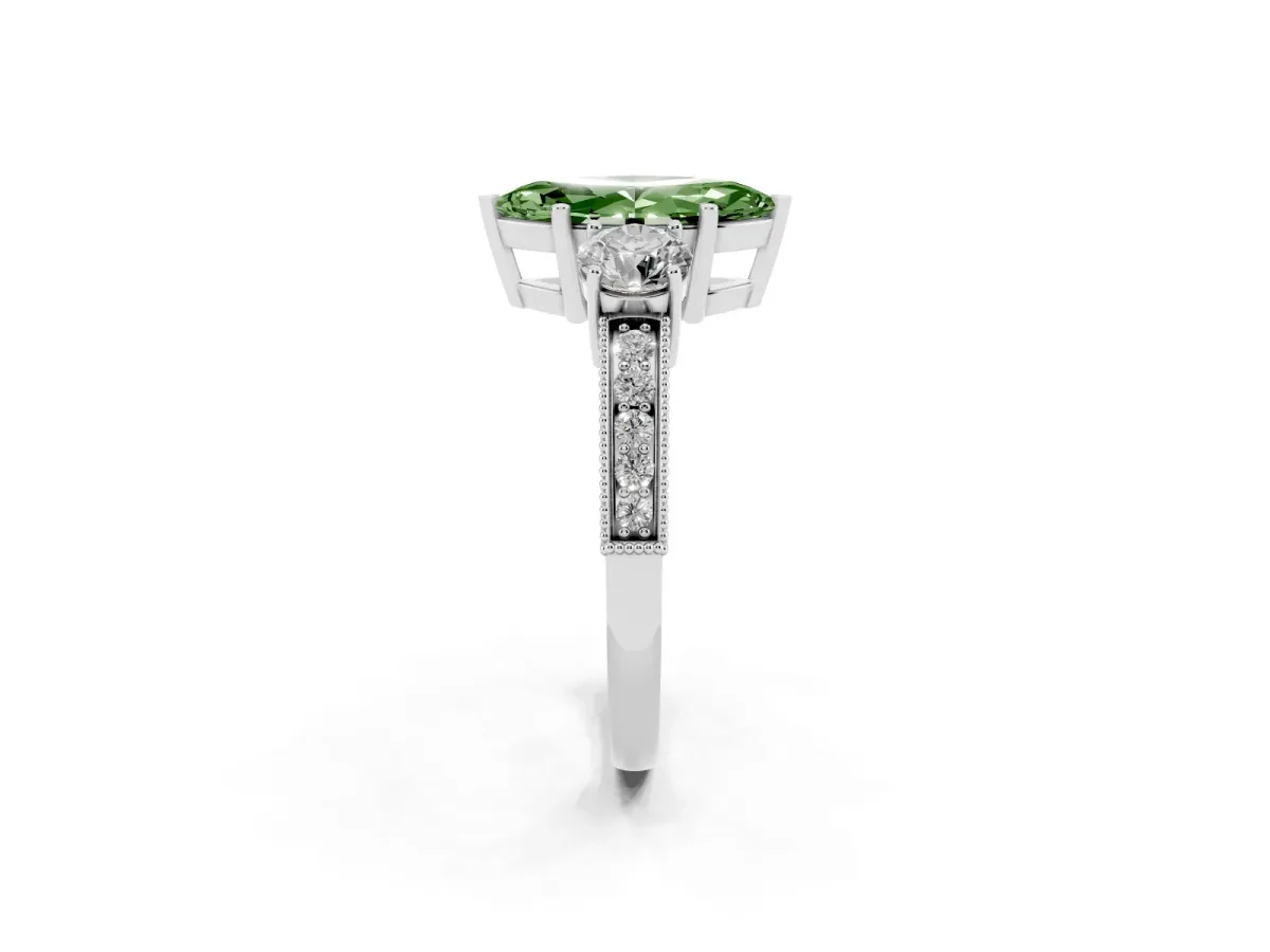 Fancy Green Marquise Cut Three-Stone Diamond Ring with Pavé Band and Four-Prong Setting Silver